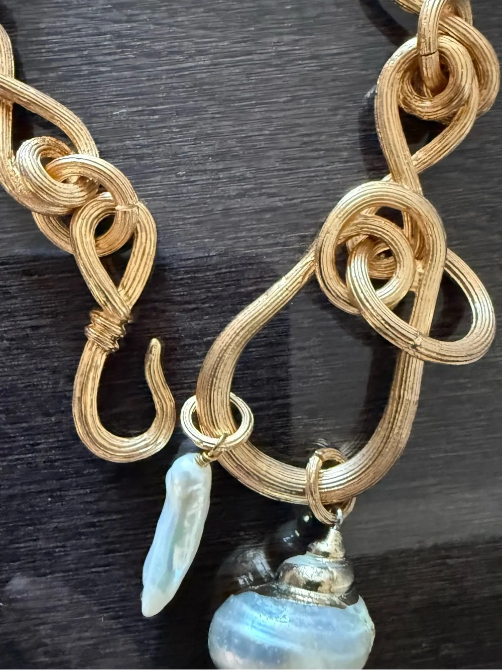 Gold-Tone Knot Link Necklace with Irregular Pearl Drops